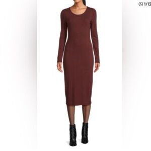 Marine Layer Long Sleeve Lexi Rib Scoop Neck Midi Sheath Dress Women’s L Cocoa